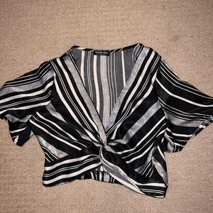 Black and gray white Crop satin v neck twist crop top